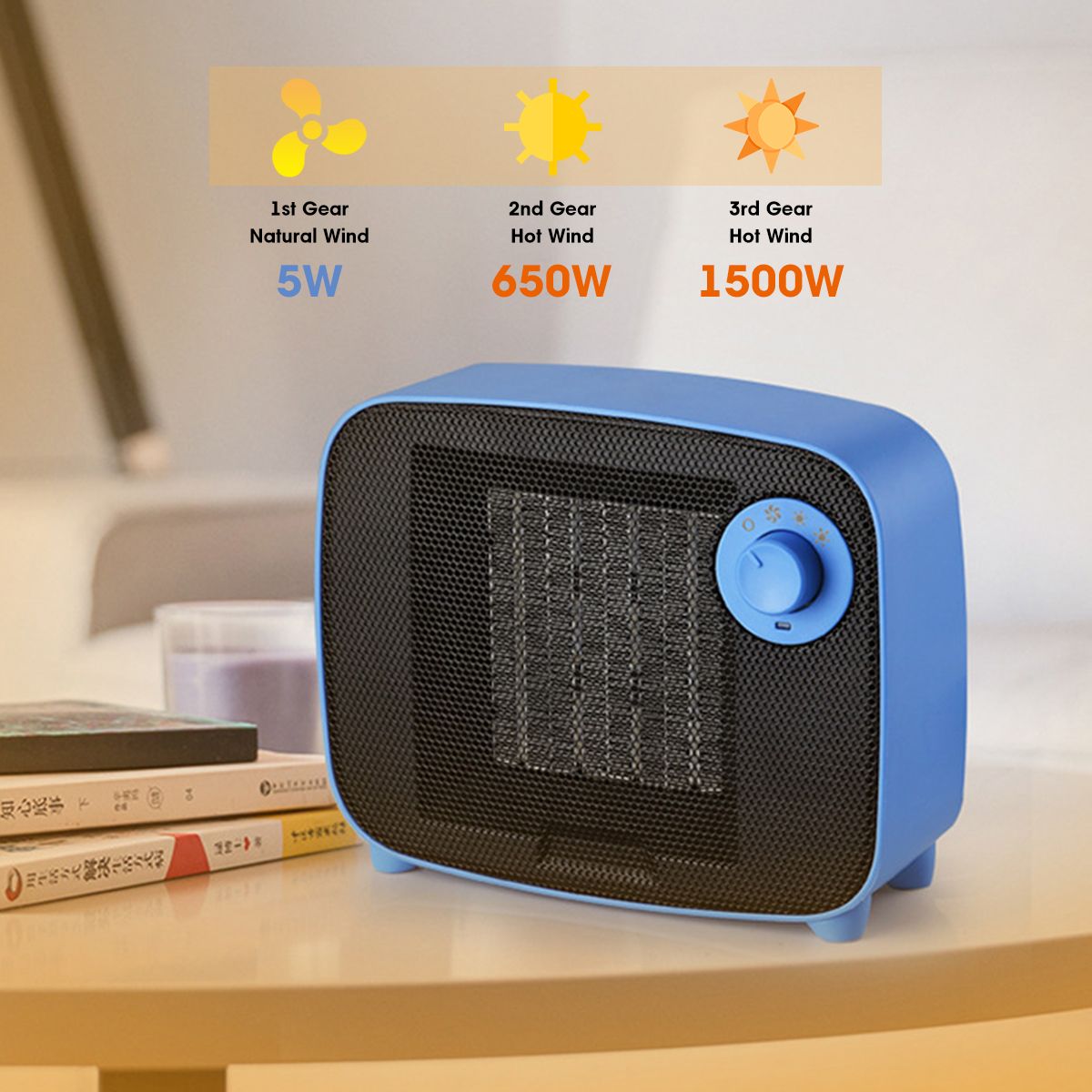 3 Colors 3 Gears 220V Desktop Mini Heater Fan ABS Shell Low Noise Knob Switch Type & Power Cord For Indoor Heating