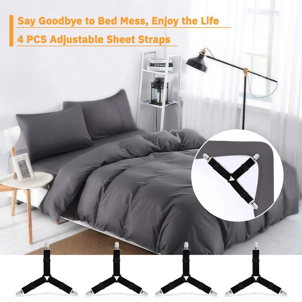 Bed Sheet Holder Straps, 4 PCS Bed Sheet Fasteners Adjustable Triple-Cornered Suspender Mattress Corner Clips Black