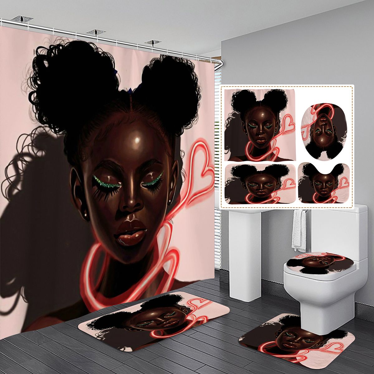 Africa Girl Shower Curtain Bathroom Anti-lip Carpet Rug Toilet Cover Mat Set