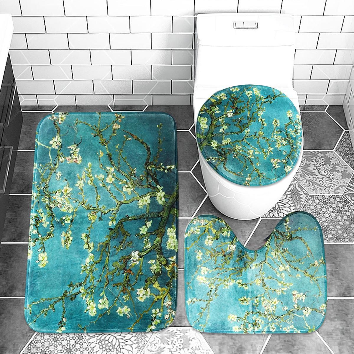 Comfortable 180x180cm Blooming Apricot Flower Bathroom Shower Curtain Lid Toilet Cover Mat