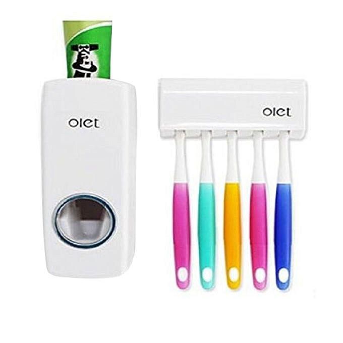 Automatic Toothpaste Dispenser and Brush Holder Set - White