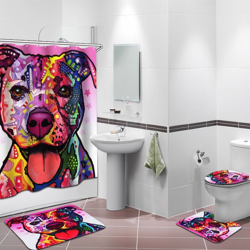 Special Room 4Pcs 3D Doodle Dog Bathroom Set Curtain Bath Mat Non-Slip Rug Lid Toilet Cover