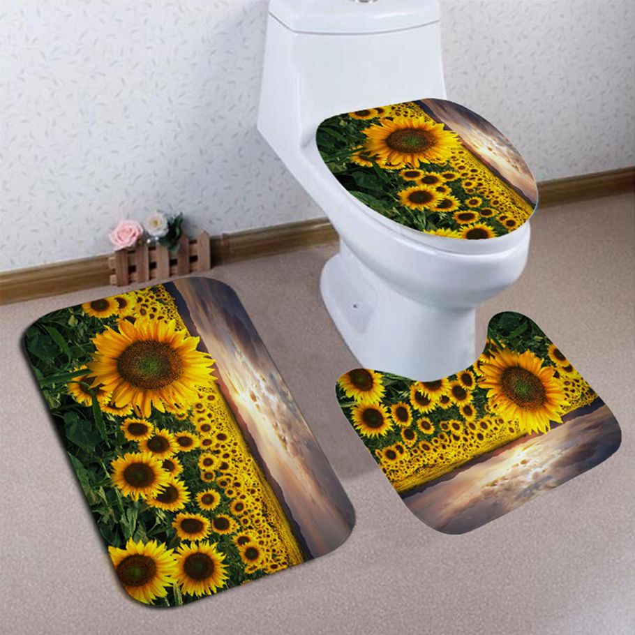 Comfortable 180x180cm Sunflower Anti-skid Bath Curtain/Carpet Toilet Lid Cover Bath Mat Set