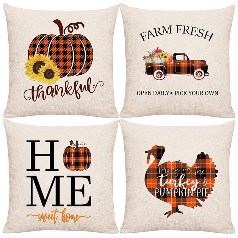 Orange Plaids Fall Pillow Covers Buffalo Check Pumpkin Pickup Car Turkey Throw Pillow Covers Farm Decorative