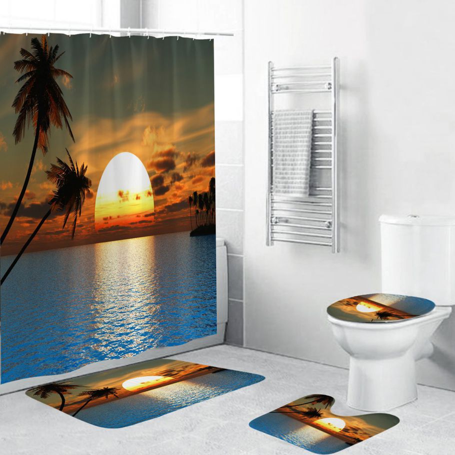 【For Global】4Pcs sunrise sunset  sea Non Slip Toilet Cover Rugs Mat Set Bath Bathroom Shower Curtain