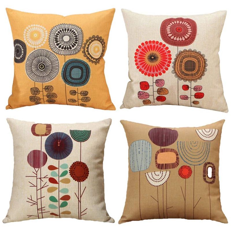 BRADOO-Linen Throw Pillow Case Cushion Covers - Decorative Flower 18 x 18 Inches Set of 4 Pcs - Perfect for Home Office