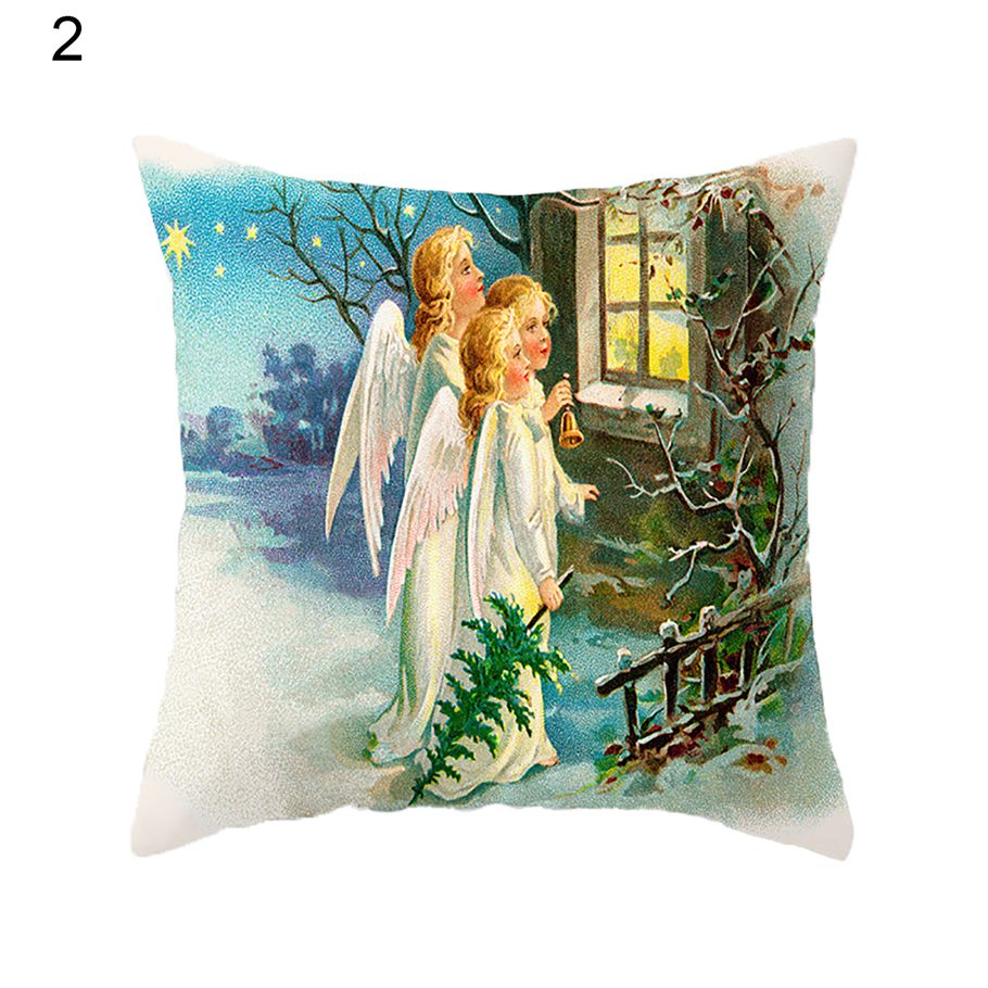 Christmas Angels Pillowcase Vintage Oil Painting Style Polyester Peach Skin Throw Pillow Cover Home Decor