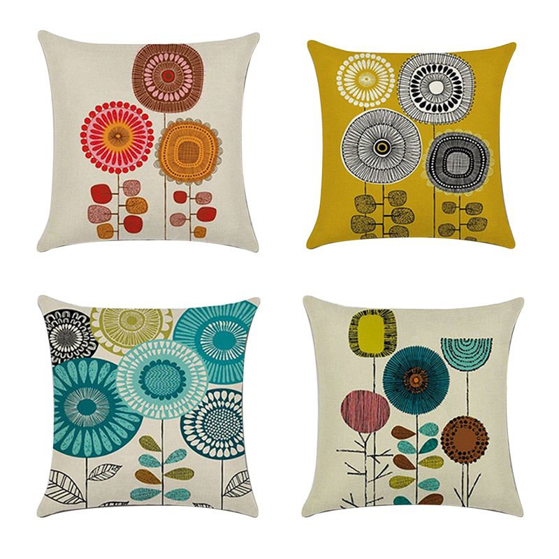 4 PCS Abstract Flowers Pillowcase Linen Pillow Cover Home Decor Square Cushion Cover Printing Pillow Case