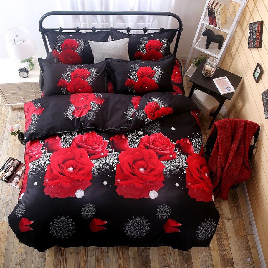 Comfortable  Deal】3PCS 3D Stereoscopic Rose Printed Cotton Bedding Set For King Bed