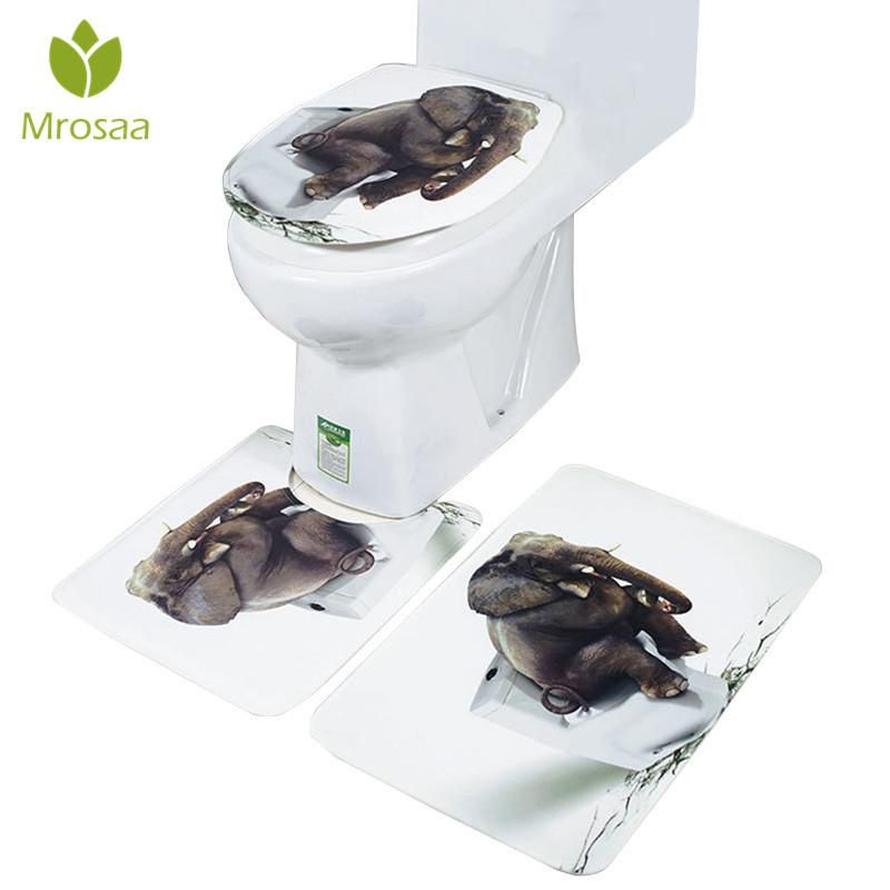 3Pcs/Set 3D Bathroom Elephant Anti-slip Shower Toilet Bedding Cover Lid Rug Floor Mat -