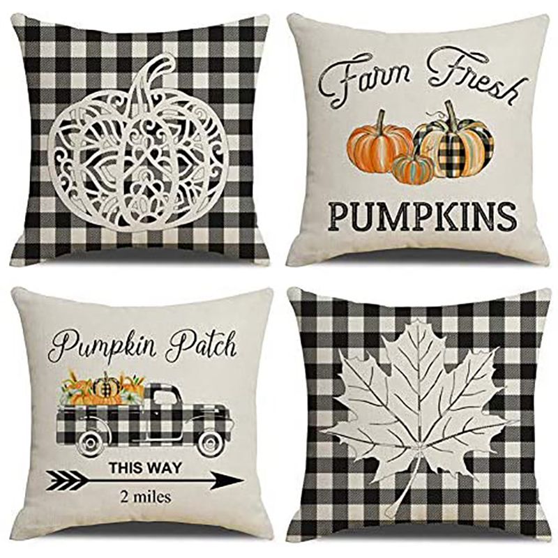 4 PC Fall Decorative Pillow Covers Buffalo Plaids Farm Fresh Truck Farmhouse Decor Cotton Linen Pillowcase