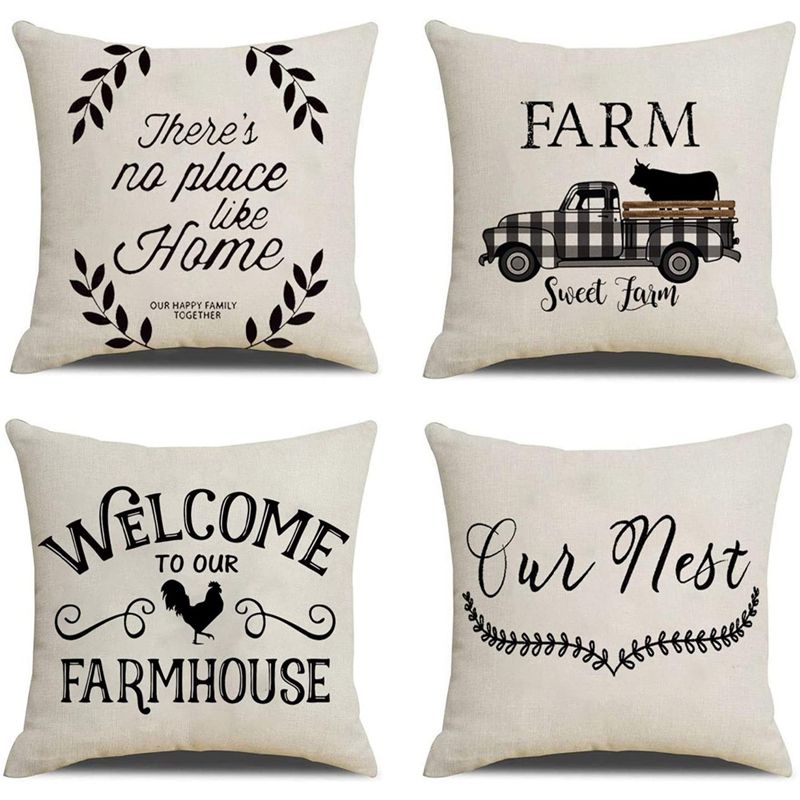 Farmhouse Throw Pillow Covers Linen Rustic Farm Cushion Cover for Couch Sofa Bed 18X18 of 4 Farmhouse Decor