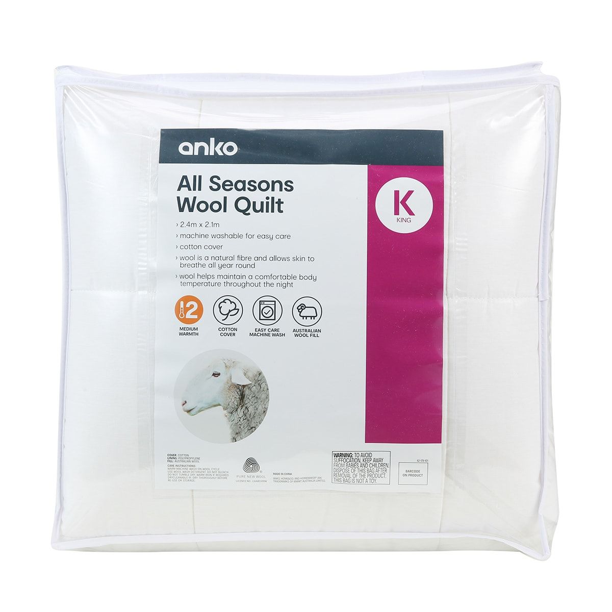 Medium Warmth All Seasons Wool Quilt - King Bed