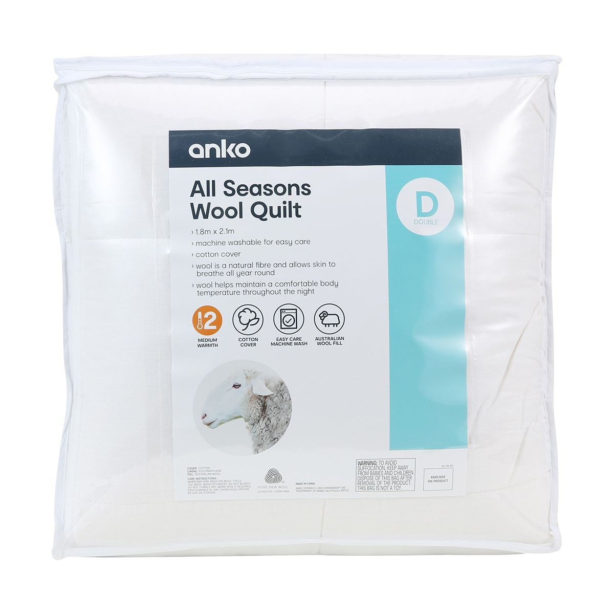 Medium Warmth All Seasons Wool Quilt - Double Bed