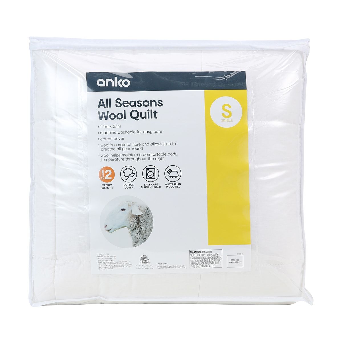 Medium Warmth All Seasons Wool Quilt - Single Bed