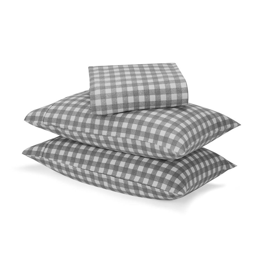 Gingham Flannelette Cotton Sheet Set - Double Bed, Grey