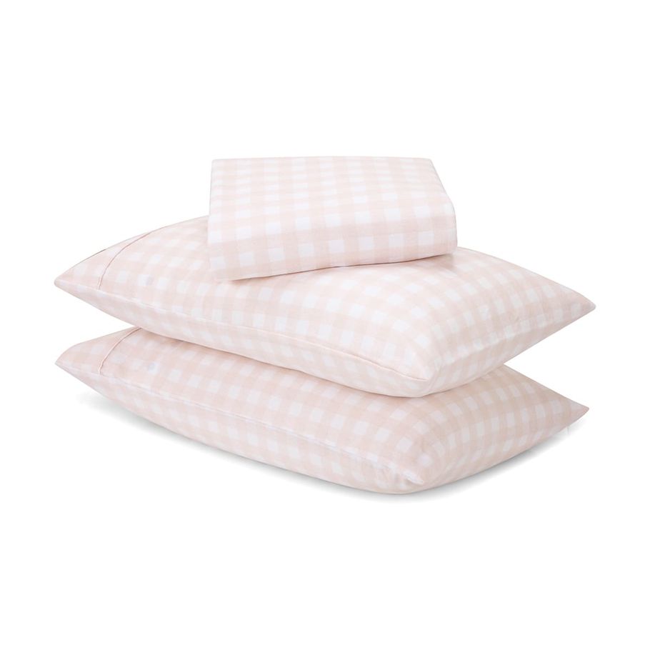 Gingham Flannelette Cotton Sheet Set - Queen Bed, Pink