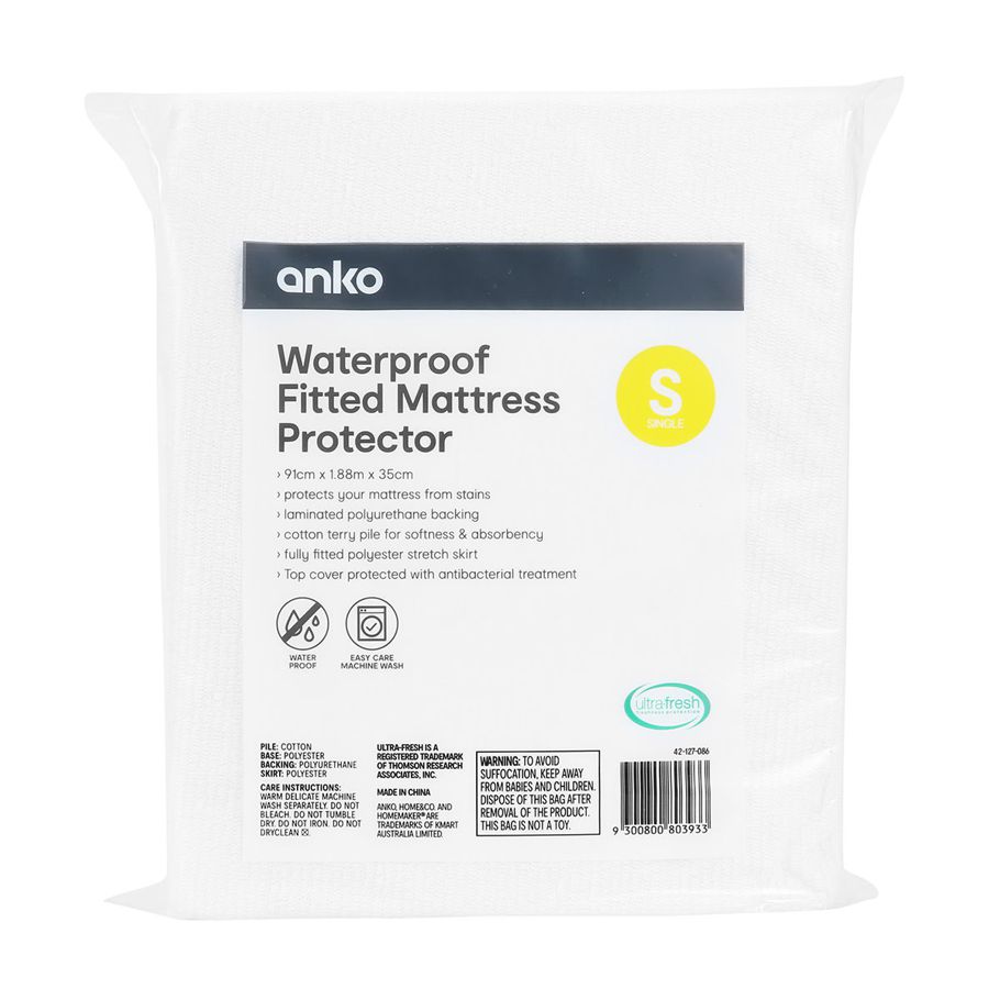 Waterproof Fitted Mattress Protector - Single Bed, White