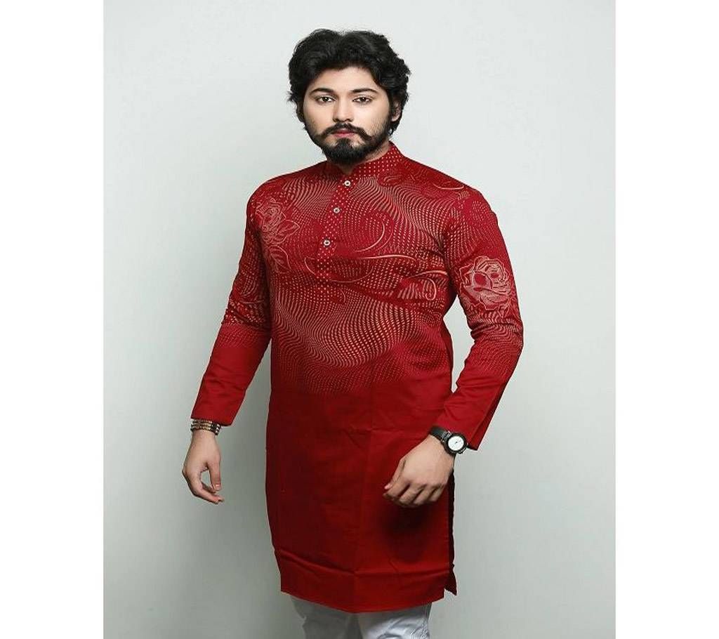 Cotton Design Panjabi  Red With Peach Rose Print  102764
