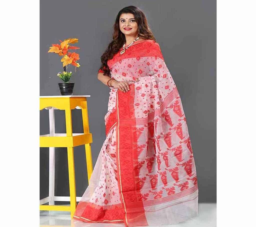 Off White with Maroon Pink Whole Body Design and Marron Red Paar Jamdani Silk Sharee