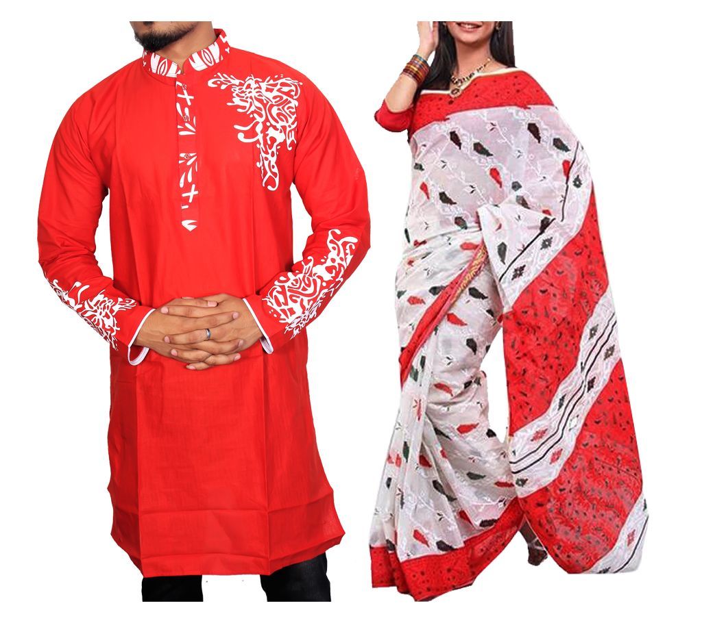 BOISHAKHI COTTON PANJABI WITH COTTON SAREE COMBO OFFER