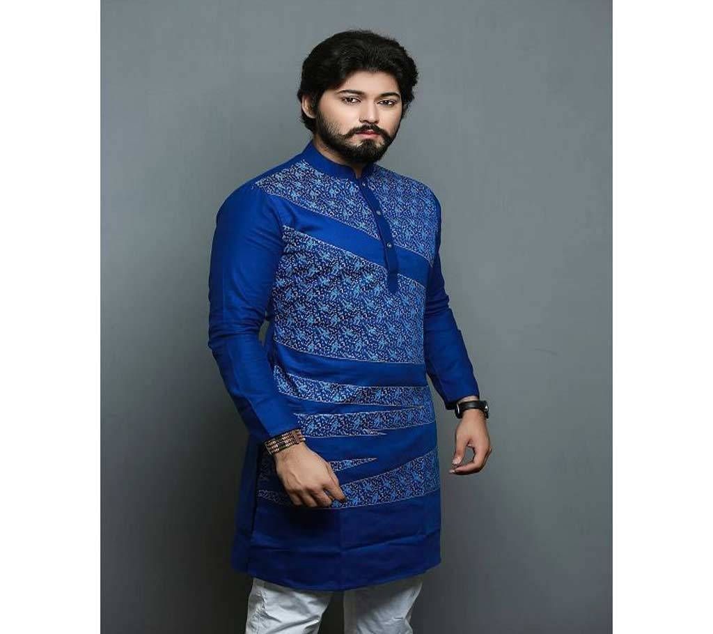 Cotton Design Panjabi  Blue With Sky Blue Leaf Print  102012
