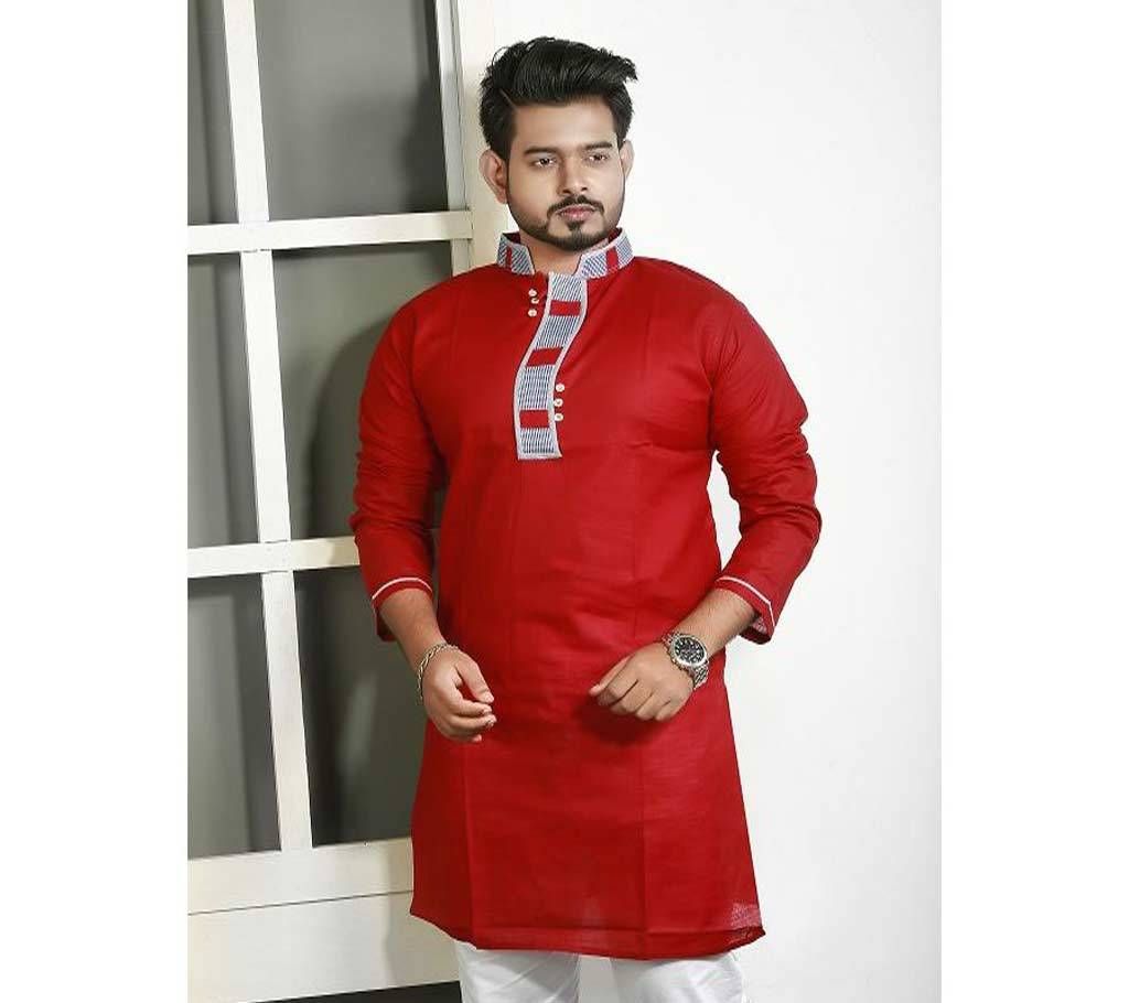 Cotton Design Panjabi  Red With Ash Neck Design  100555