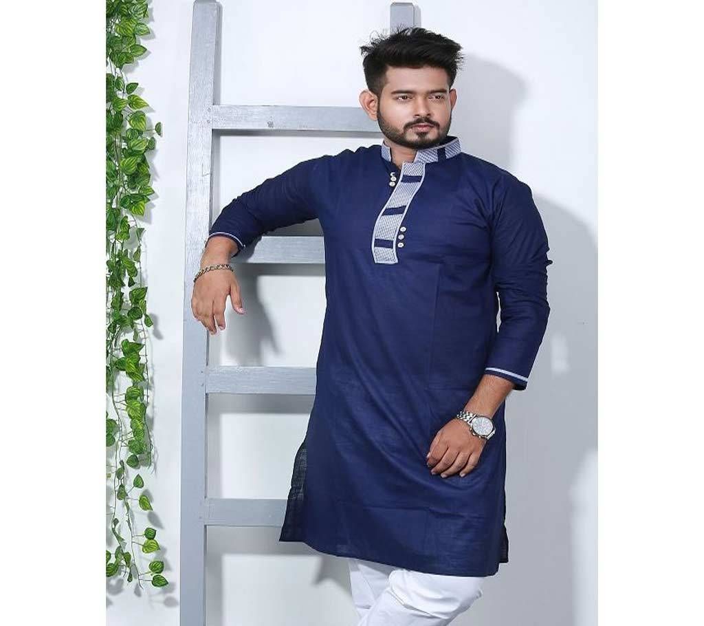 Cotton Design Panjabi  Navy Blue With Sky Blue Neck Design  101536
