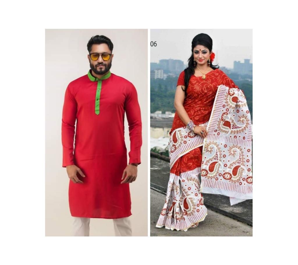 Boishakhi Cotton Sharee and Semi Long Panjabi couple Combo 