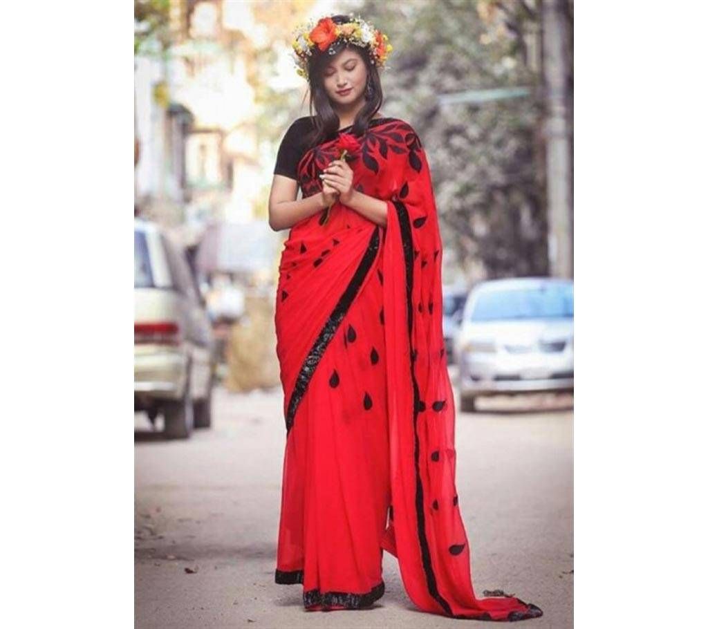 Red Gargat Sari With Black Border