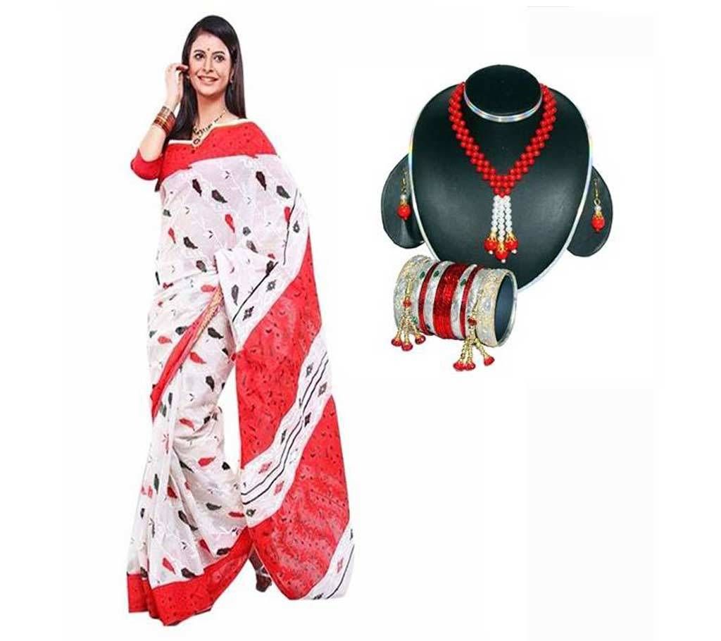 boishakhi hand printed cotton saree + Necklace Set Combo