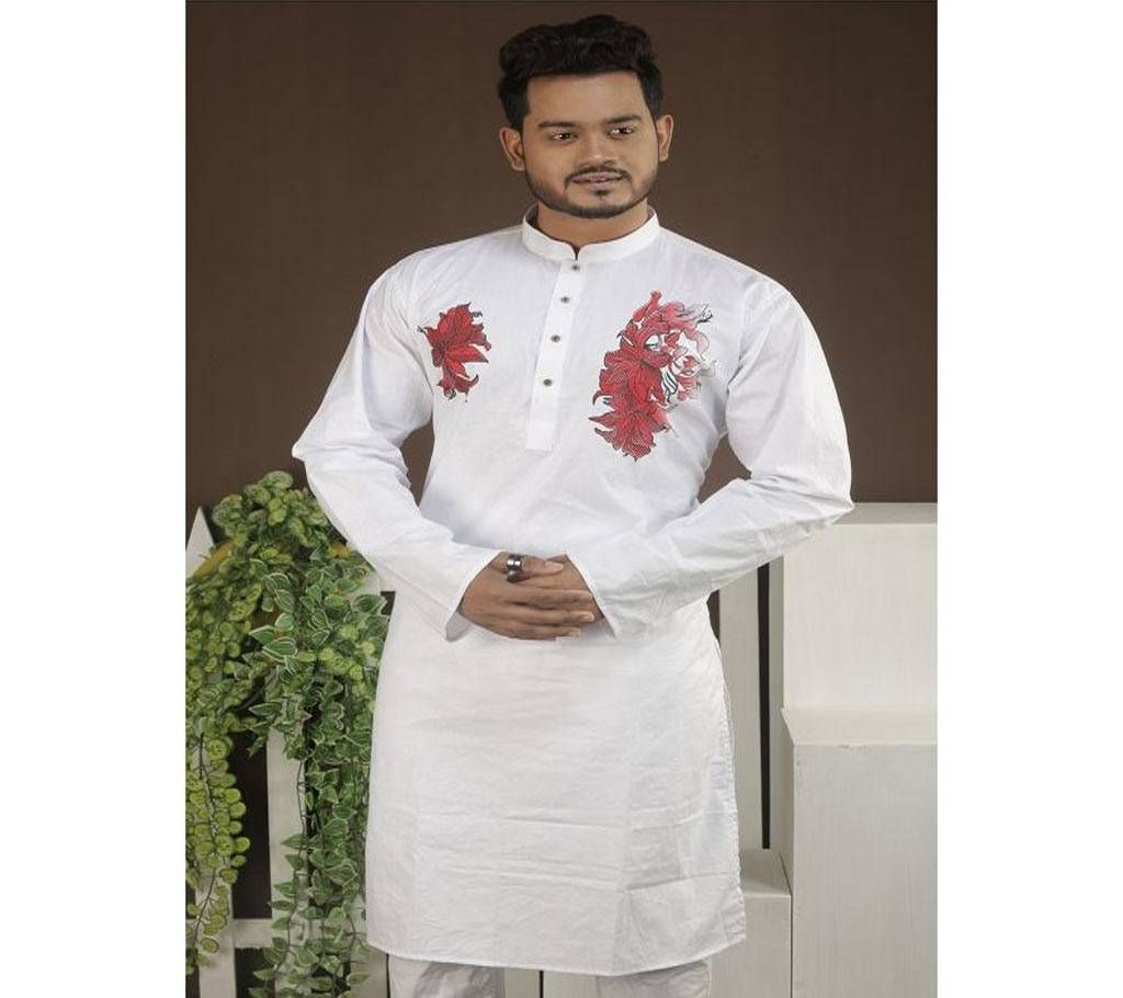 Cotton Panjabi  White with Red Big Leaf Design  BK-220319