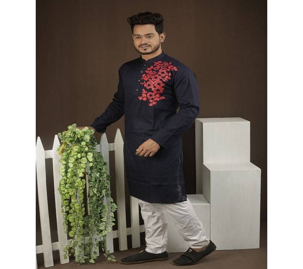 Cotton Panjabi  Black with Red Flower Design  BK-220312