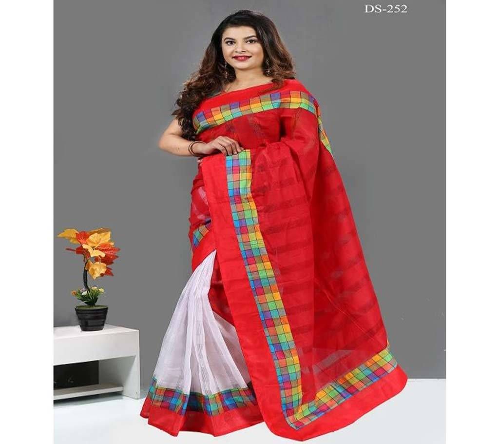 Red with Orange, Olive, Pink and Blue Multi Color Paar and White Part Silk Sharee