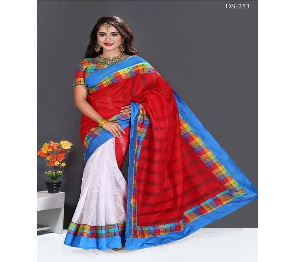 Red Maroon with Blue and Multi Color Paar and White Paar Silk Sharee 