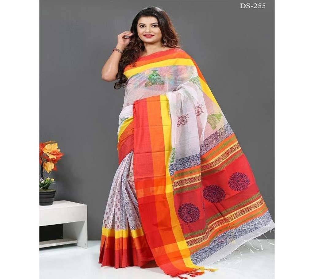 Light Off White and Multi Color Body Design with Maroon, Orange and Yellow Paar Silk Butick Sharee 