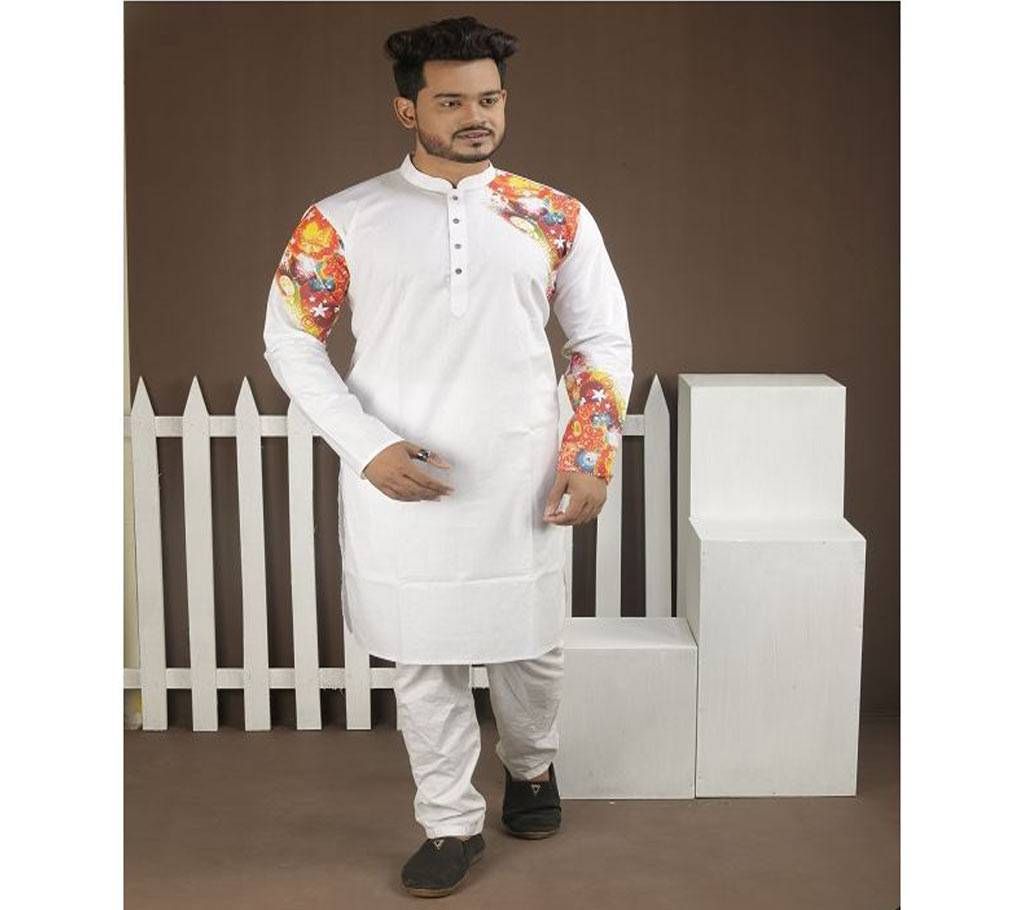 Cotton Panjabi  White with Multi Color Chest and Hand Print  BK-220306