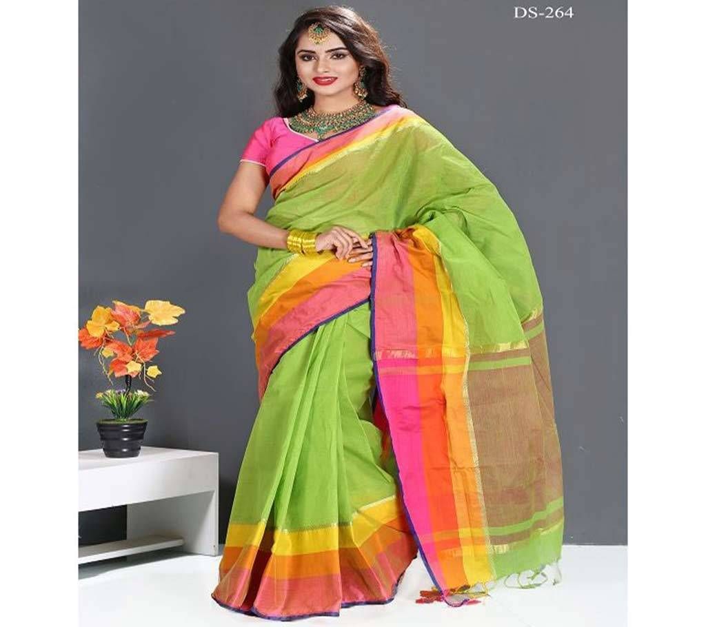 Lime Green with Golden Design and Yellow, Orange, Pink and Blue Paar Cotton Sharee 