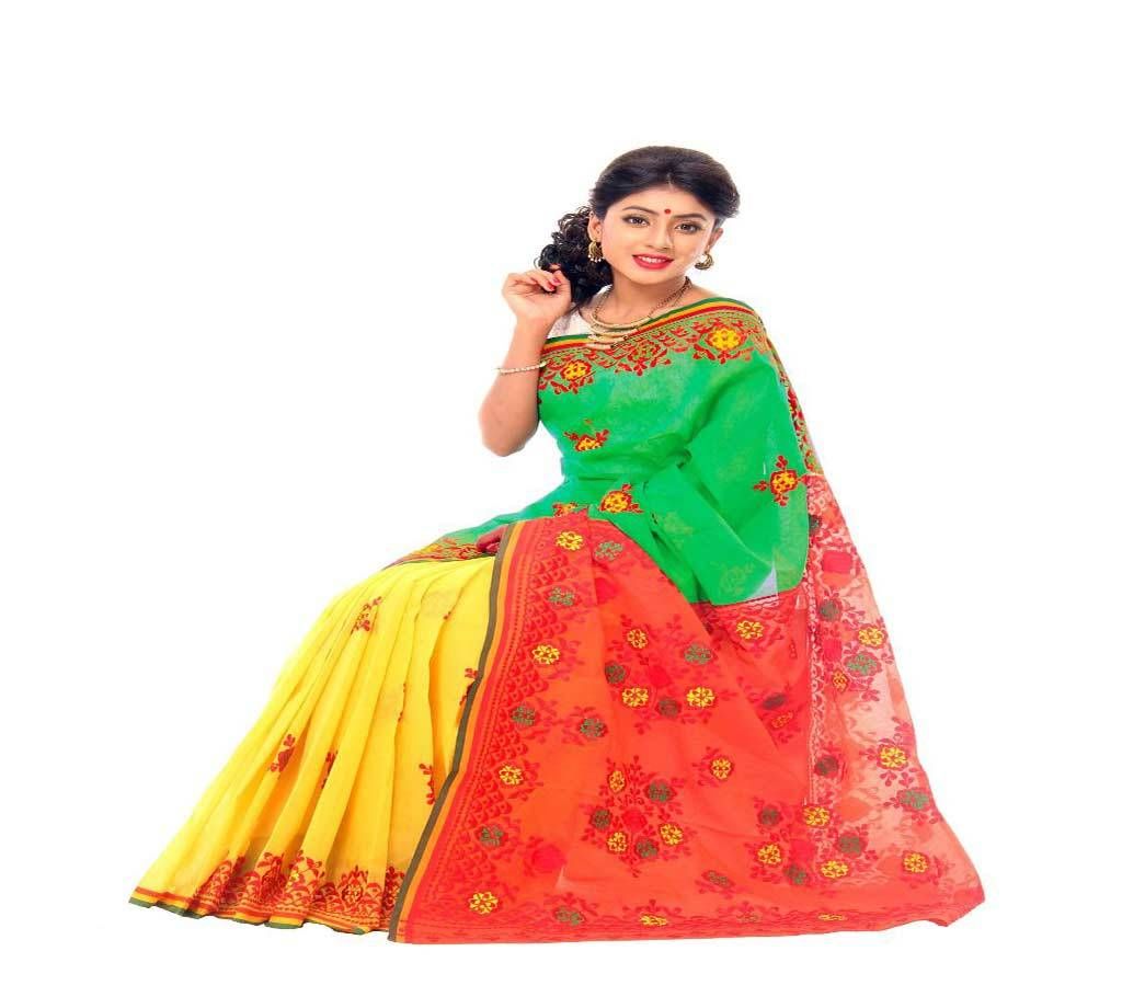 Pretty Sea Green and Yellow and Red Orange in Other Part with Yellow, Green and Red Orange Flower Design Silk Sharee - 950
