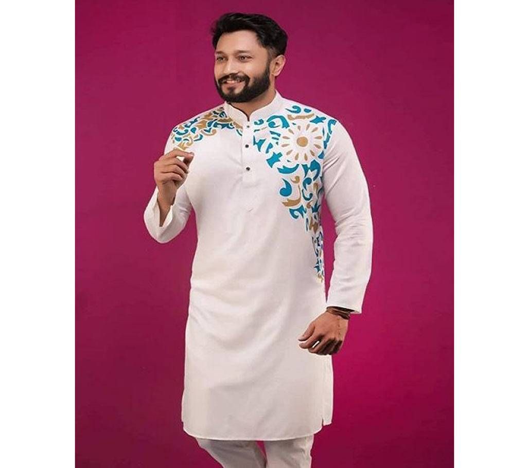 Off White with Blue and Olive Print Design Around Shoulder Cotton Panjabi code(SU546)