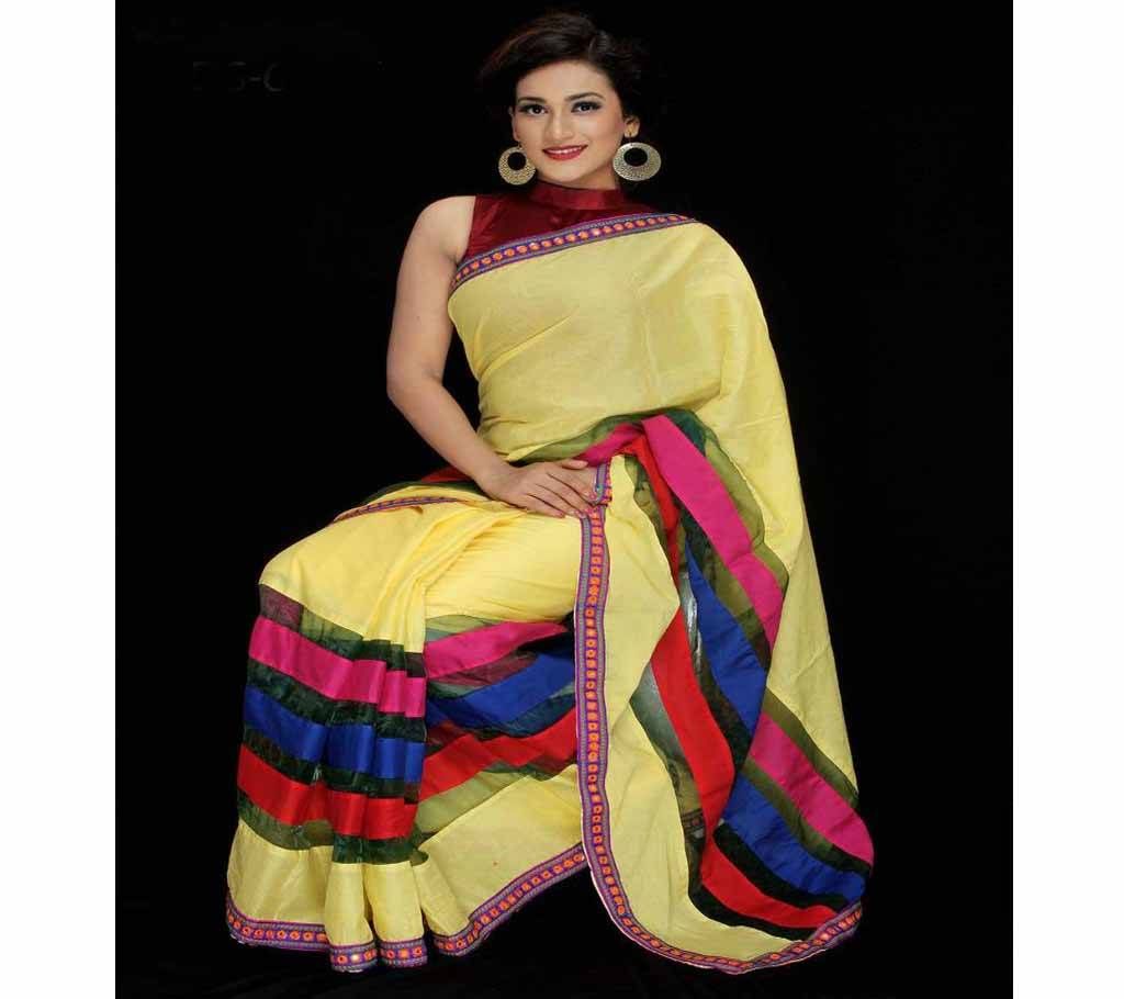 Light Yellow Cotton Silk mixed Sharee 