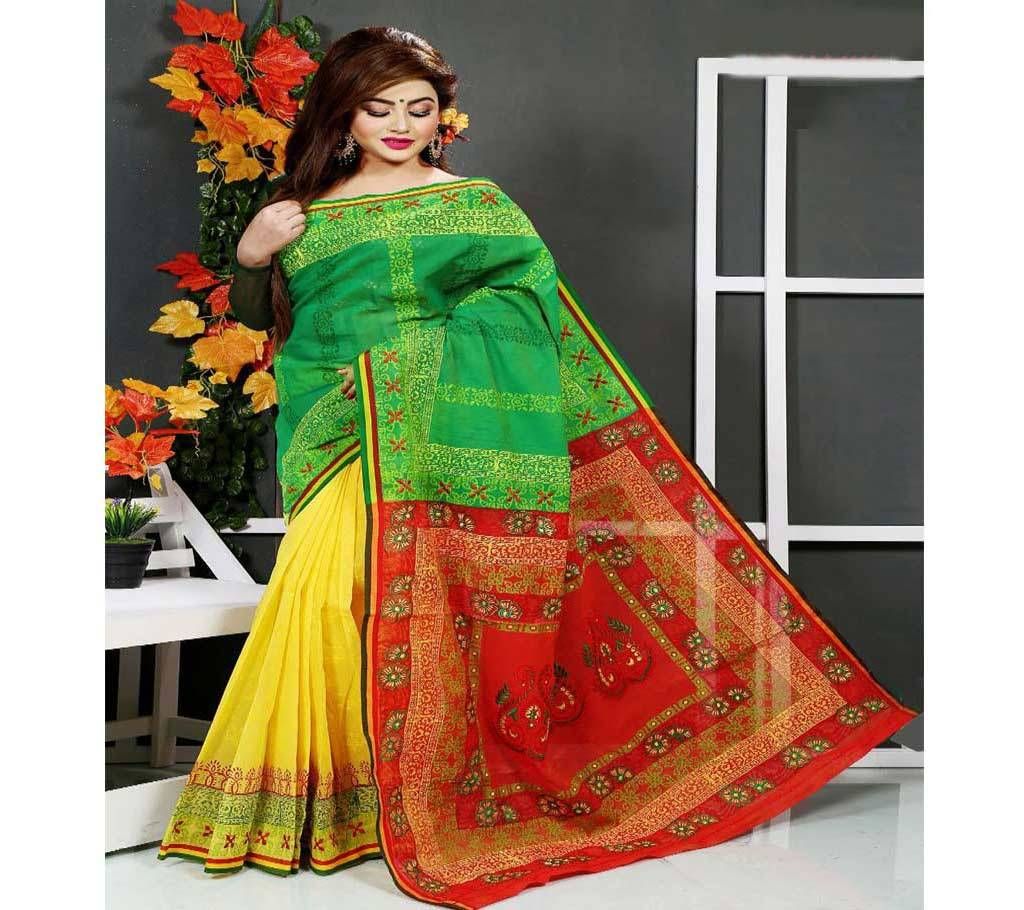 Sea Green and Yellow and Red Maroon Mix with Beautiful Flower Work in Anchol Silk Sharee - 107