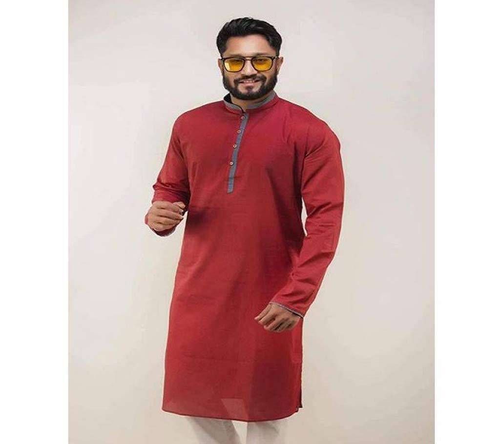 Maroon Red with Maroon Red and Ash Mix Collar Cotton Panjabi  (SU554)