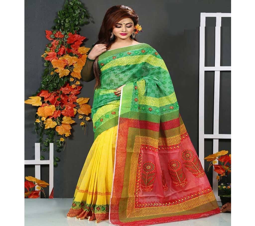 Lime Green with Lime Green Flower Design and Yellow and Red Maroon in Other Part with Large Flower Shape Design Anchol Silk Sharee - 110