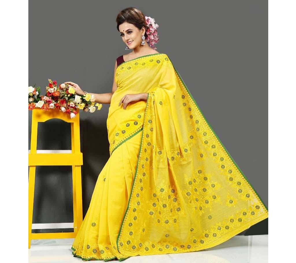 Yellow and Yellow Flower Shape Design with Sea Green in Paar Silk Sharee - 120
