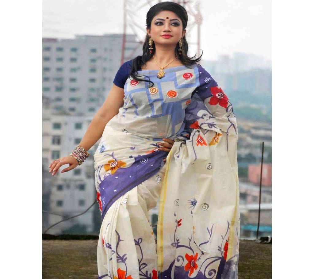 Boishakhi White Kota Cotton Hand Printed Sharee