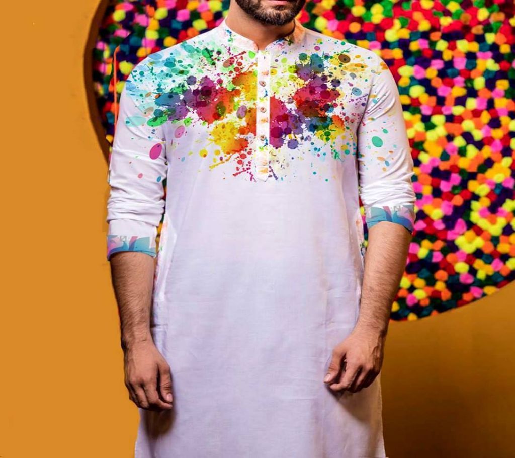 Boishakhi White Print Cotton panjabi for men