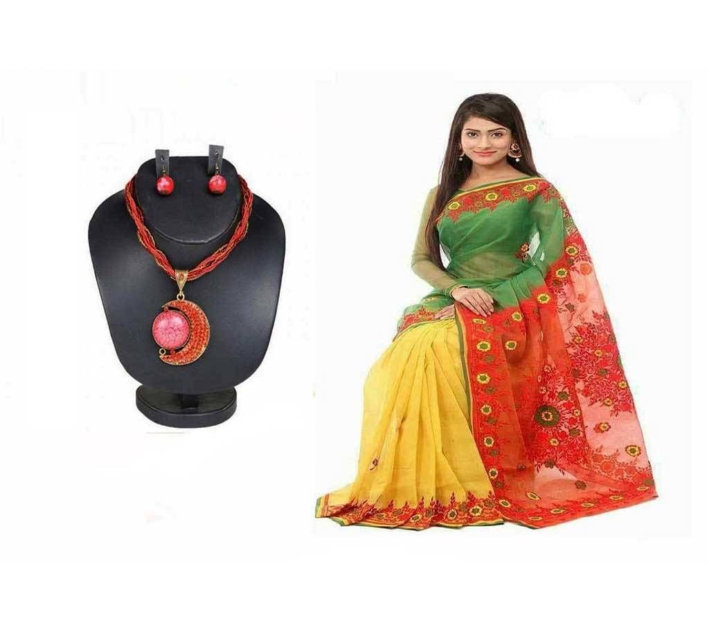 Boishakhi Cotton saree + Pendant set Combo offer
