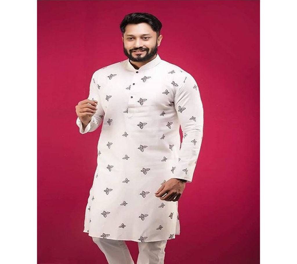 Off White with Black Butterfly Print Design Cotton Design Panjabi  24