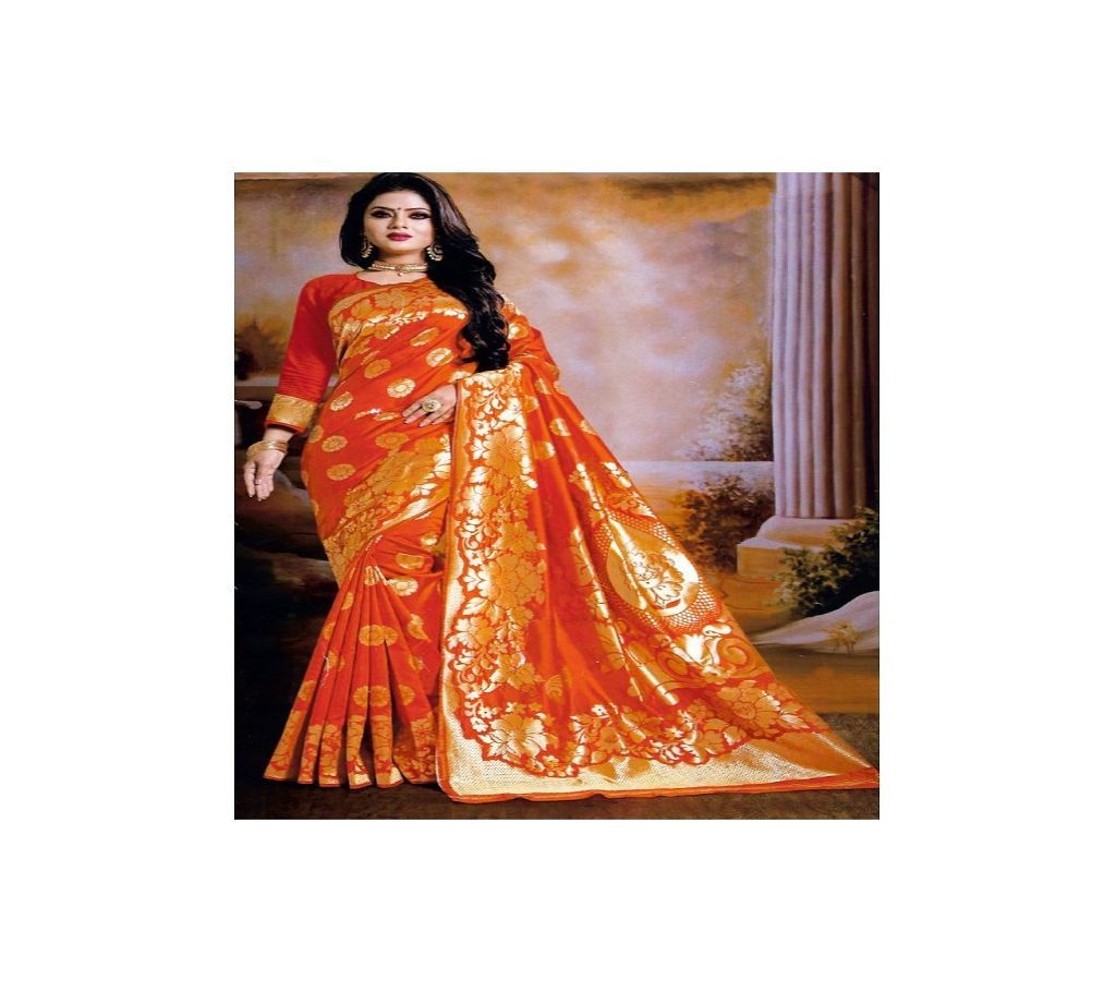 Indian Embroidery Work Silk Katan Saree  Orange with Golden Paar and Anchol  3